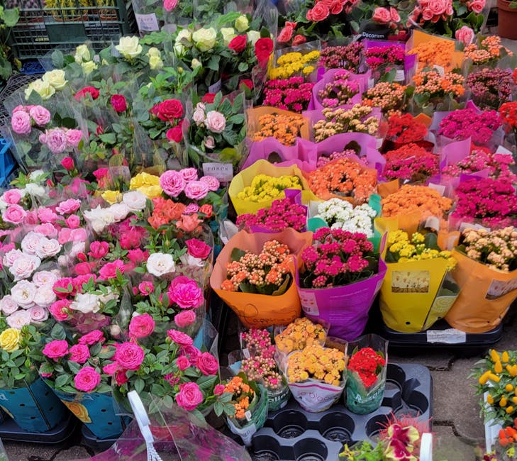 A vibrant display of fresh flowers arranged in bouquets and potted plants on an outdoor market stall. The flowers include pink, white, yellow, orange, and red roses, as well as clusters of small, colo